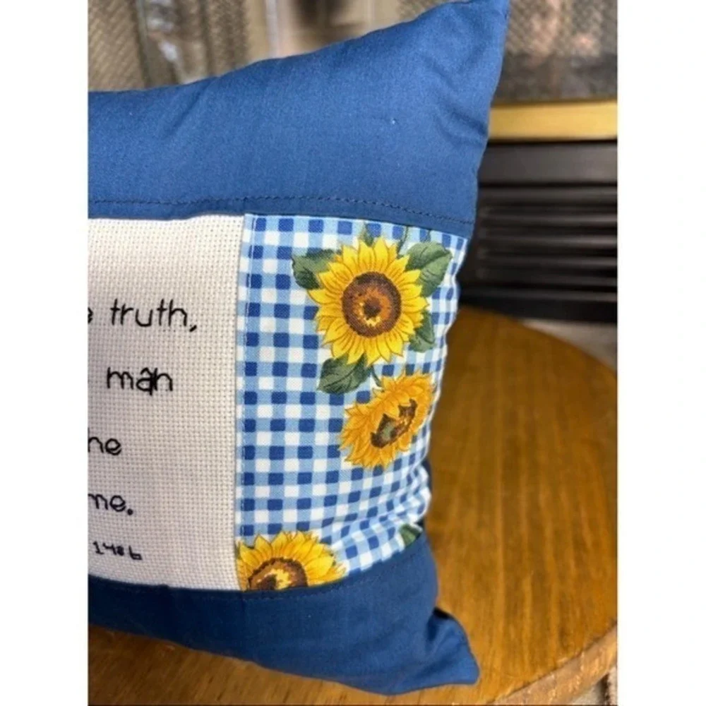Handmade‎ Cross Stitch Scripture John 14:6 Accent Pillow w/Sunflowers Blue NWOT